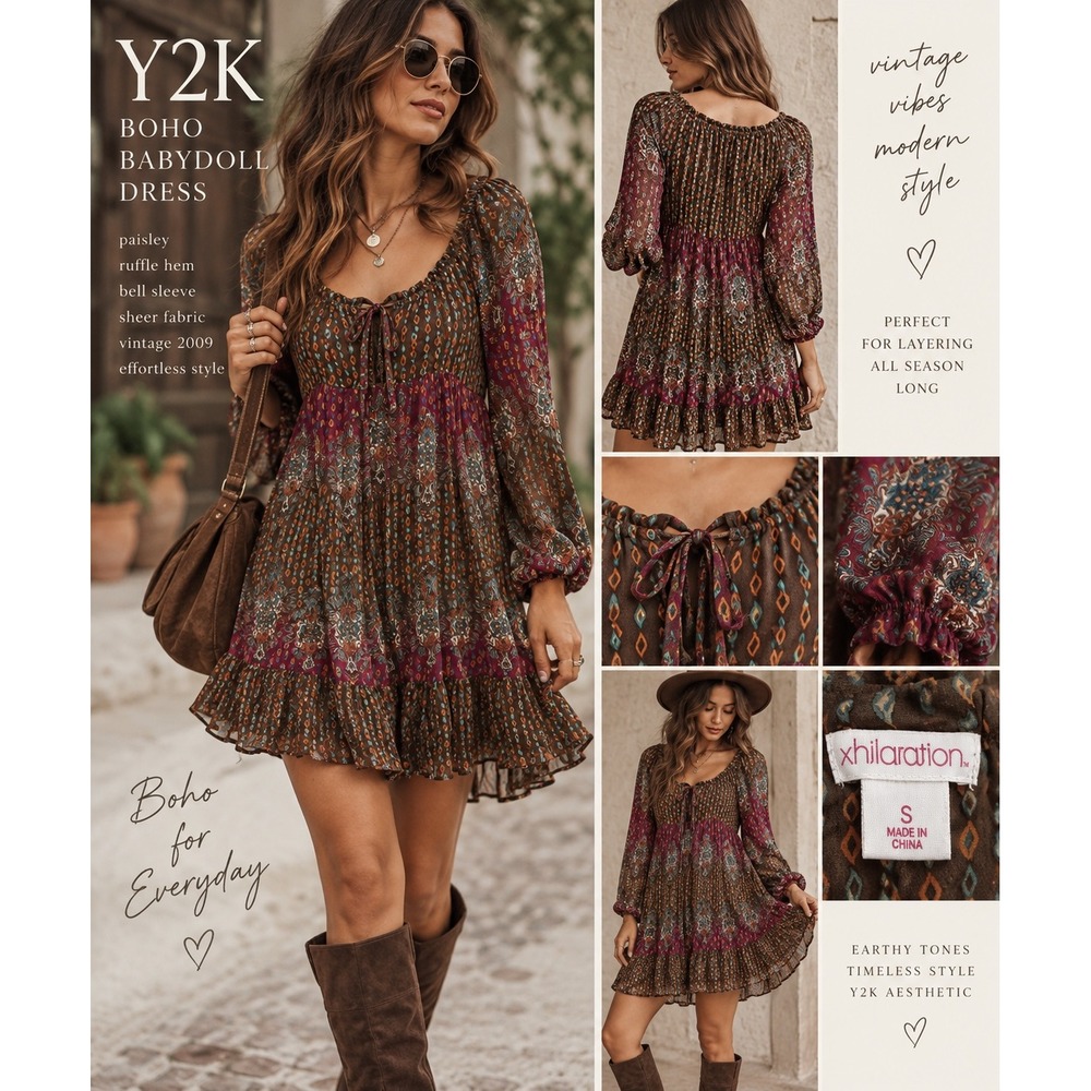 Y2K Boho Paisley Mini Dress S Fairy Grunge Bell Sleeve Babydoll 2009